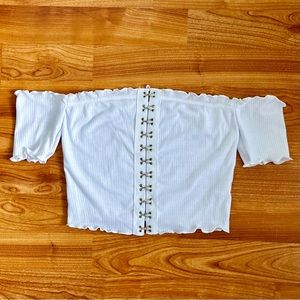 White Off the Shoulder Hook and Eye Lettuce Hem Ribbed Crop Top